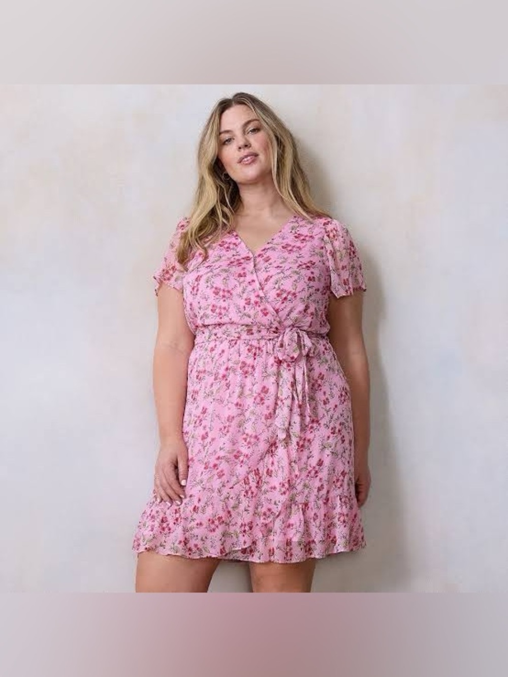 LC Lauren Conrad 1X pink floral faux wrap dress